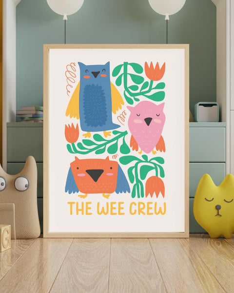The Wee Crew Scottish Nursery Print, Colourful Owl Wall Art, Scots Kids Room Decor, Scottish Baby Gift, Animal Nursery Print