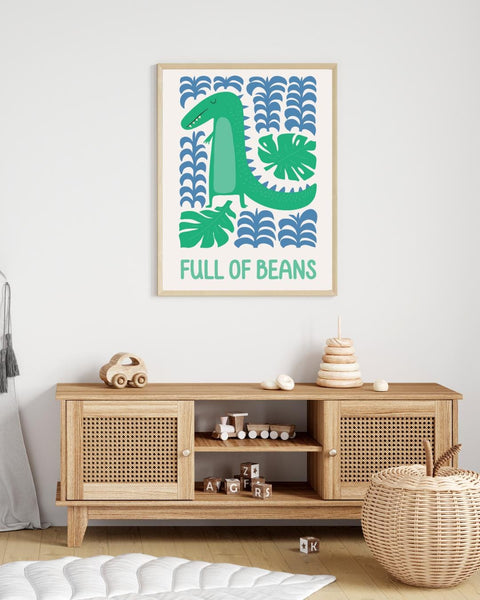 Full of Beans Dinosaur Nursery Print, Colourful Kids Wall Art, Fun Scottish Nursery Decor, Dinosaur Bedroom Print, Scottish Baby Gift