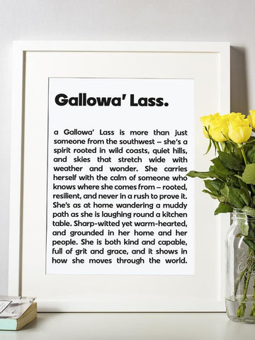 Gallowa' Lass Scots UNFRAMED PRINT Room Decor Home Minimalist Monochrome Typography Scandi Scotland Slang Definition Scottish