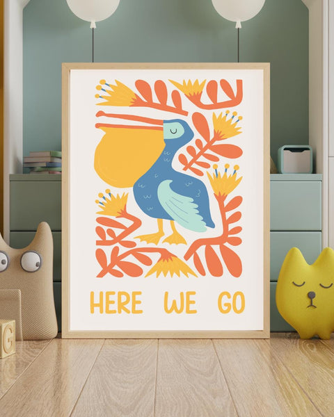 Here We Go Pelican Nursery Print, Colourful Kids Wall Art, Fun Nursery Decor, Scottish Kids Print, Playroom Wall Art, Baby Room Decor