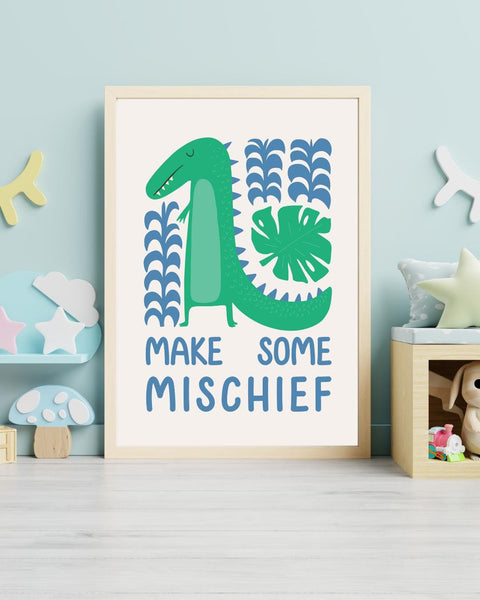 Make Some Mischief Dinosaur Nursery Print, Colourful Kids Wall Art, Scottish Nursery Decor, Dinosaur Bedroom Art, Fun Kids Print