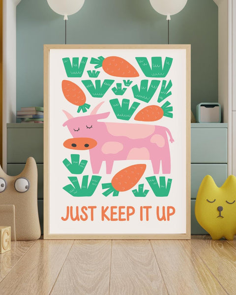 Just Keep It Up Scottish Nursery Print, Colourful Cow Wall Art, Scots Kids Room Decor, Positive Nursery Art, Scottish Baby Gift