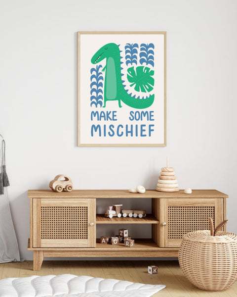 Make Some Mischief Dinosaur Nursery Print, Colourful Kids Wall Art, Scottish Nursery Decor, Dinosaur Bedroom Art, Fun Kids Print