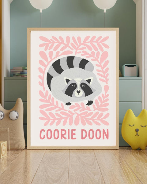 Scottish Raccoon Nursery Print, Coorie Doon Wall Art, Cute Scottish Baby Gift, Woodland Animal Nursery Decor, Kids Bedroom Print