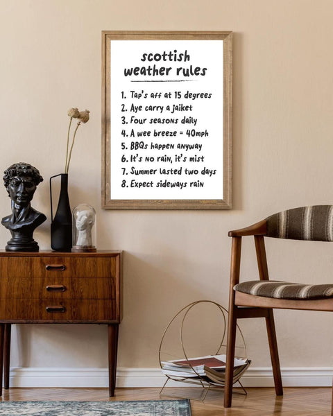 Scottish Weather Rules Print | Funny Scottish Wall Art | Scots Humour Decor | Scotland Gift | Housewarming Gift (Unframed)