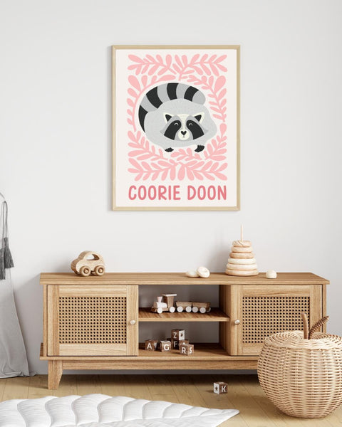 Scottish Raccoon Nursery Print, Coorie Doon Wall Art, Cute Scottish Baby Gift, Woodland Animal Nursery Decor, Kids Bedroom Print