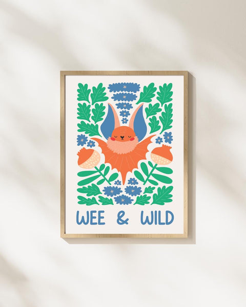 Scottish Bat Nursery Print, Wee & Wild Wall Art, Colourful Woodland Nursery Decor, Scottish Baby Gift, Kids Bedroom Print
