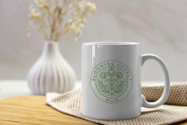 Funny Mother's Day Gift Mug - Blooming Lovely Mum | Floral Retro Badge | Gardening Gift Idea
