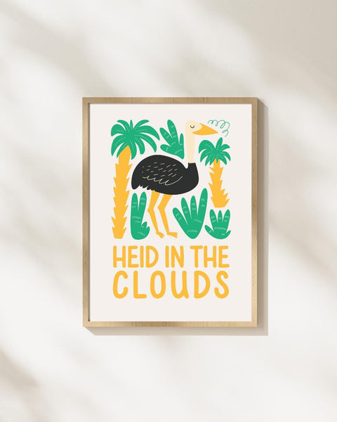 Heid in the Clouds Scottish Nursery Print, Ostrich Wall Art, Colourful Kids Room Decor, Scots Nursery Art, Scottish Baby Gift