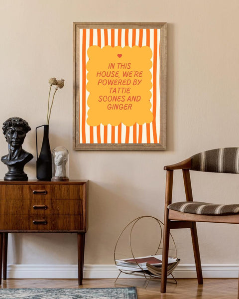 Powered by Tattie Scones & Ginger | Funny Scottish Kitchen Wall Art | Scottish Food Print | Scots Humour Gift | Colourful Decor (Unframed)