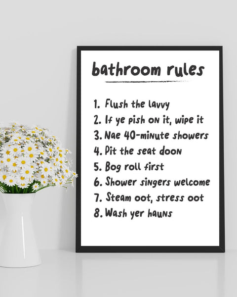 Scottish Bathroom Rules Print | Funny Scots Bathroom Wall Art | Bathroom Decor | Housewarming Gift (Unframed)