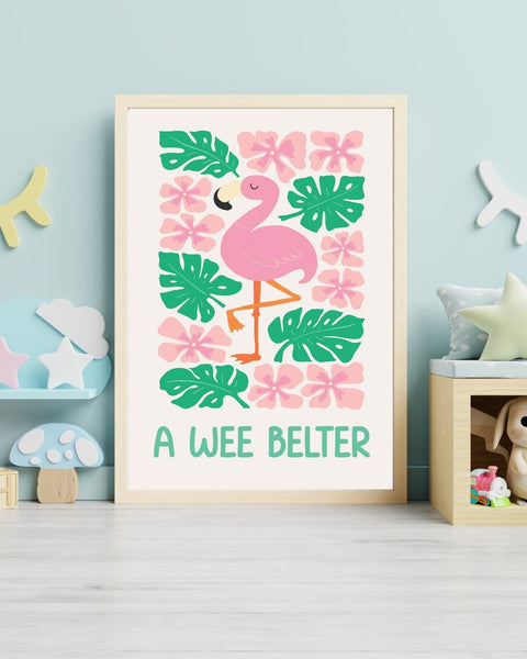 A Wee Belter Scottish Nursery Print, Flamingo Wall Art, Colourful Kids Room Decor, Scots Baby Gift, Nursery Animal Print