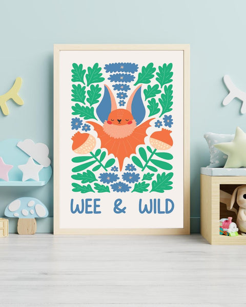 Scottish Bat Nursery Print, Wee & Wild Wall Art, Colourful Woodland Nursery Decor, Scottish Baby Gift, Kids Bedroom Print