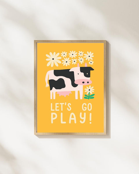 Let’s Go Play Cow Nursery Print, Colourful Farm Animal Wall Art, Kids Room Decor, Baby Nursery Print, Playroom Wall Art