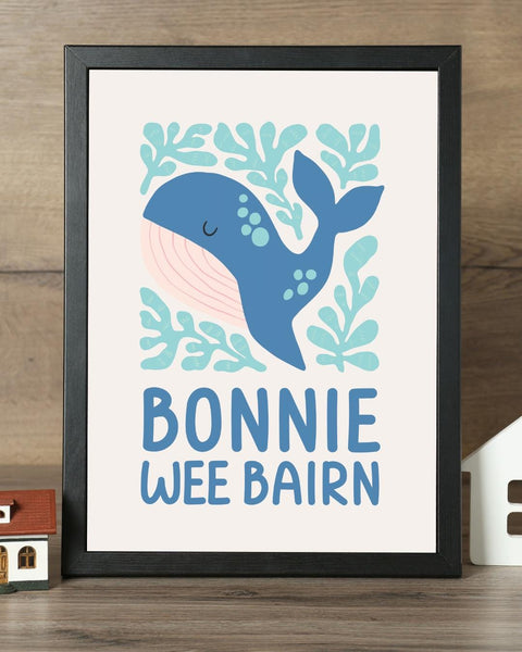 Bonnie Wee Bairn Whale Nursery Print, Scottish Baby Gift, Colourful Nursery Wall Art, Ocean Kids Print, Scots Nursery Decor