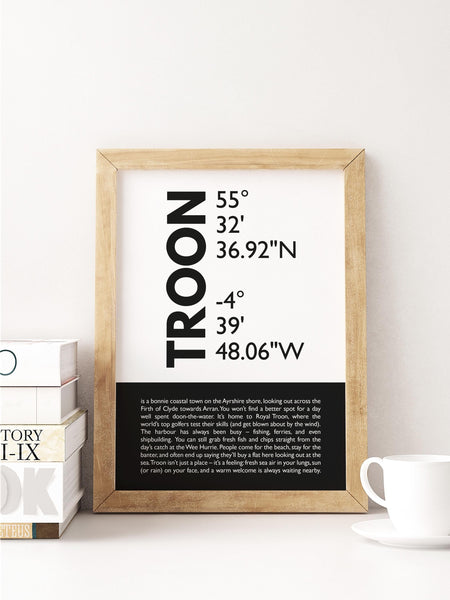 Troon Latitude Longitude Definition UNFRAMED PRINT | Scots Room Home Decor | Scotland Themed Gift Scottish Souvenir
