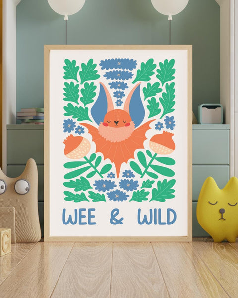 Scottish Bat Nursery Print, Wee & Wild Wall Art, Colourful Woodland Nursery Decor, Scottish Baby Gift, Kids Bedroom Print