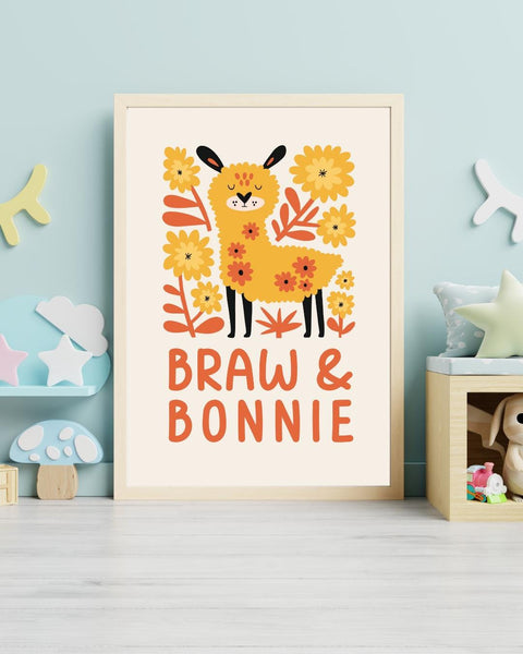 Scottish Llama Nursery Print, Braw & Bonnie Wall Art, Colourful Animal Nursery Decor, Scottish Baby Gift, Kids Bedroom Print