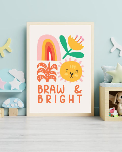 Braw & Bright Scottish Nursery Print, Colourful Lion Wall Art, Scots Language Baby Gift, Rainbow Kids Room Decor, Nursery Art