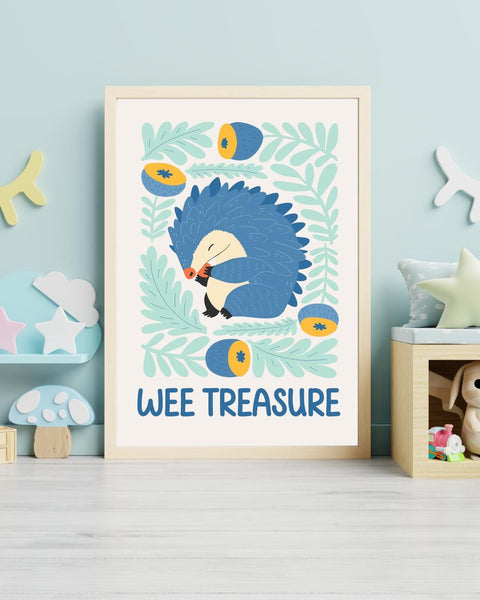 Scottish Hedgehog Nursery Print, Wee Treasure Wall Art, Cute Woodland Nursery Decor, Scottish Baby Gift, Colourful Kids Room Print