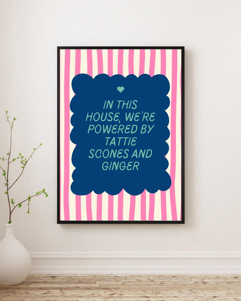 Powered by Tattie Scones & Ginger | Funny Scottish Kitchen Wall Art | Scottish Food Print | Scots Humour Gift | Colourful Decor (Unframed)