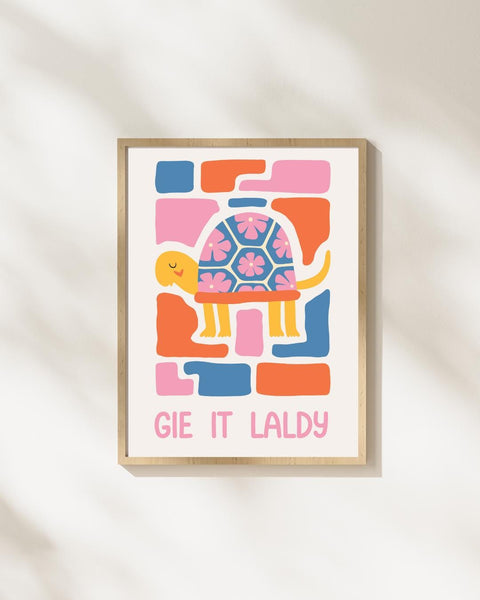 Gie It Laldy Scottish Nursery Print, Colourful Tortoise Wall Art, Scots Kids Room Decor, Positive Nursery Art, Scottish Baby Gift