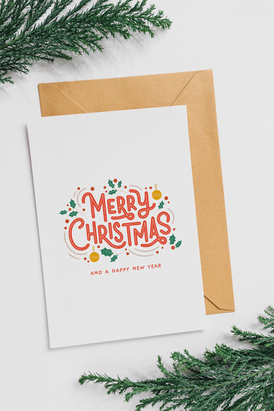 Merry Christmas Card | Retro Christmas Card | A6 Xmas Greeting Card | Colourful Festive Card | Modern Christmas Card | Holly Design