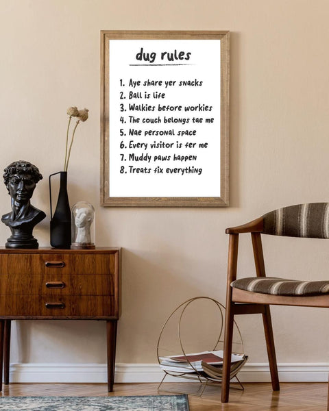 Scottish Dug Rules Print | Funny Dog Wall Art | Scots Language Pet Decor | Dog Lover Gift | House Rules Sign (Unframed)