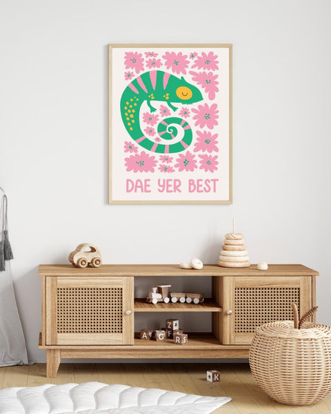 Dae Yer Best Scottish Nursery Print, Colourful Chameleon Wall Art, Scots Kids Room Decor, Positive Nursery Art, Scottish Baby Gift