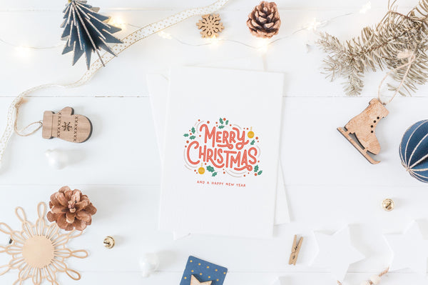 Merry Christmas Card | Retro Christmas Card | A6 Xmas Greeting Card | Colourful Festive Card | Modern Christmas Card | Holly Design
