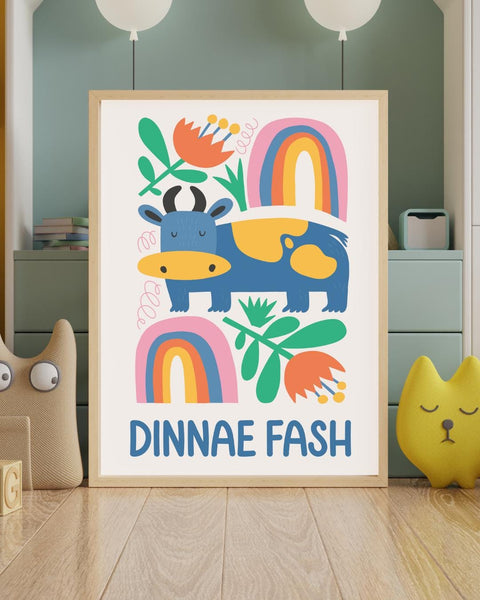 Dinnae Fash Scottish Nursery Print, Colourful Cow Wall Art, Scots Kids Room Decor, Scottish Baby Gift, Nursery Animal Print