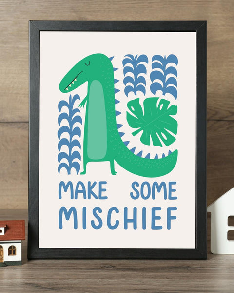Make Some Mischief Dinosaur Nursery Print, Colourful Kids Wall Art, Scottish Nursery Decor, Dinosaur Bedroom Art, Fun Kids Print