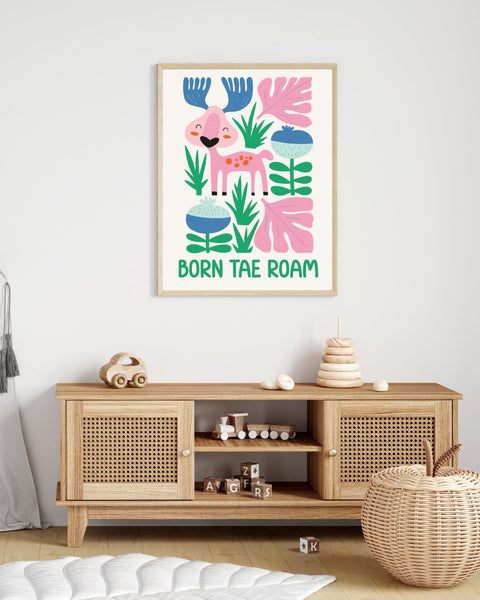 Born Tae Roam Scottish Nursery Print, Moose Kids Wall Art, Colourful Animal Nursery Decor, Scottish Baby Gift, Adventure Nursery Art