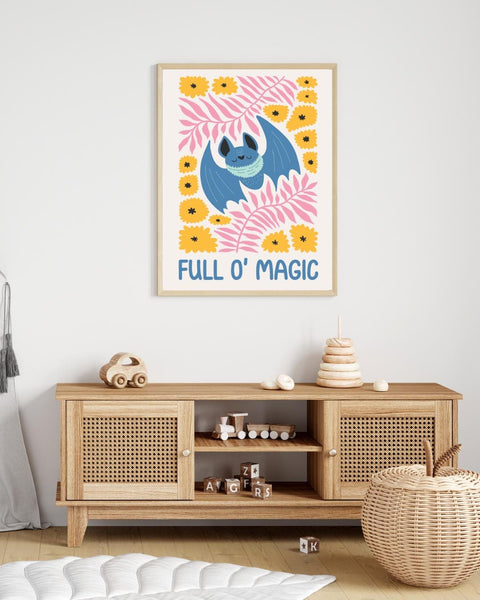 Scottish Bat Nursery Print, Full O’ Magic Wall Art, Cute Woodland Nursery Decor, Scottish Baby Gift, Colourful Kids Bedroom Print