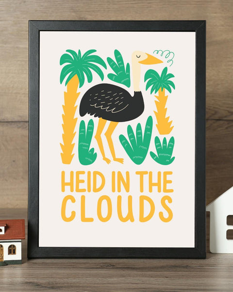Heid in the Clouds Scottish Nursery Print, Ostrich Wall Art, Colourful Kids Room Decor, Scots Nursery Art, Scottish Baby Gift