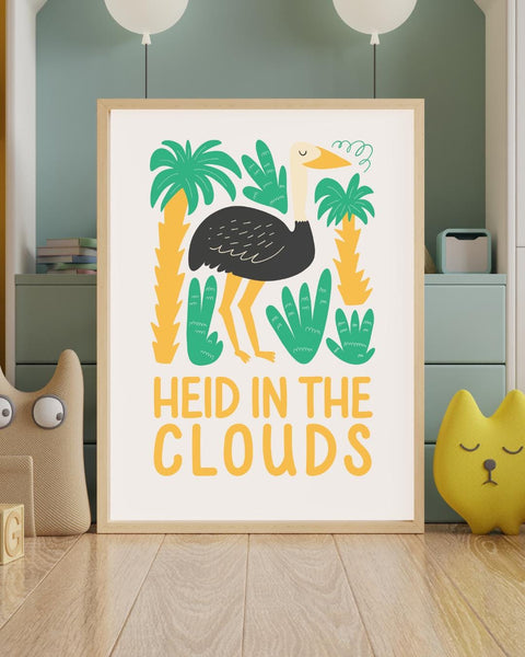 Heid in the Clouds Scottish Nursery Print, Ostrich Wall Art, Colourful Kids Room Decor, Scots Nursery Art, Scottish Baby Gift