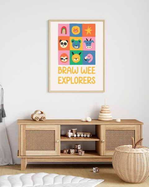 Braw Wee Explorers Nursery Print, Scottish Animal Wall Art, Colourful Kids Room Decor, Fun Scottish Baby Gift, Nursery Art Print