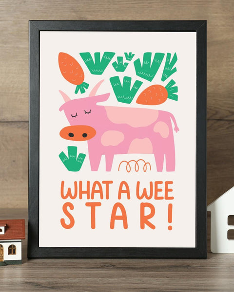 Scottish Cow Nursery Print, What A Wee Star Wall Art, Cute Farm Animal Nursery Decor, Scottish Baby Gift, Colourful Kids Room Print