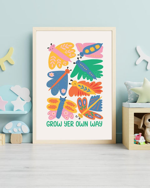 Grow Yer Own Way Scottish Nursery Print, Colourful Butterfly Wall Art, Scots Kids Room Decor, Positive Nursery Art, Scottish Baby Gift