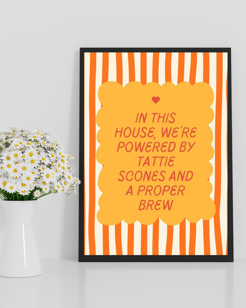 Tattie Scones & Proper Brew Print | Funny Scottish Kitchen Wall Art | Scottish Food Print | Colourful Scots Humour Gift (Unframed)