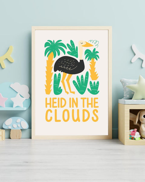 Heid in the Clouds Scottish Nursery Print, Ostrich Wall Art, Colourful Kids Room Decor, Scots Nursery Art, Scottish Baby Gift