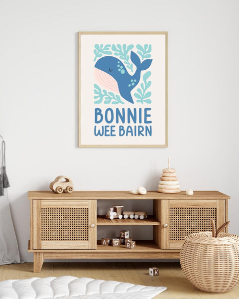 Bonnie Wee Bairn Whale Nursery Print, Scottish Baby Gift, Colourful Nursery Wall Art, Ocean Kids Print, Scots Nursery Decor