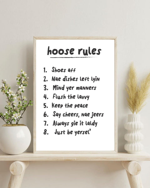 Scottish Hoose Rules Print | Funny Scots Wall Art | Family House Rules Sign | Scottish Home Decor (Unframed)