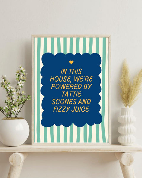 Tattie Scones & Fizzy Juice Print | Funny Scottish Kitchen Wall Art | Scottish Food Gift | Colourful Scots Humour Home Decor (Unframed)