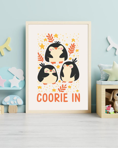 Coorie In Penguin Nursery Print, Scottish Kids Wall Art, Colourful Nursery Decor, Penguin Bedroom Print, Cosy Scottish Baby Gift