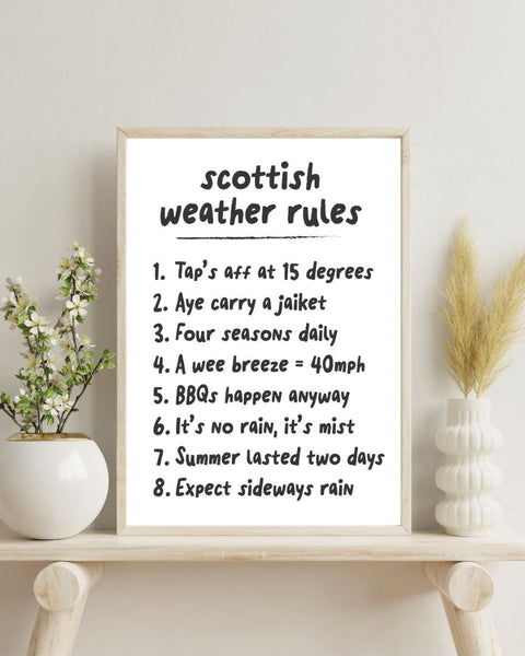 Scottish Weather Rules Print | Funny Scottish Wall Art | Scots Humour Decor | Scotland Gift | Housewarming Gift (Unframed)