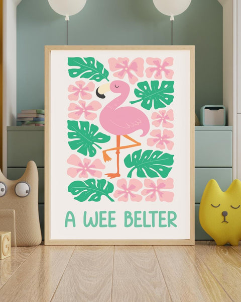 A Wee Belter Scottish Nursery Print, Flamingo Wall Art, Colourful Kids Room Decor, Scots Baby Gift, Nursery Animal Print