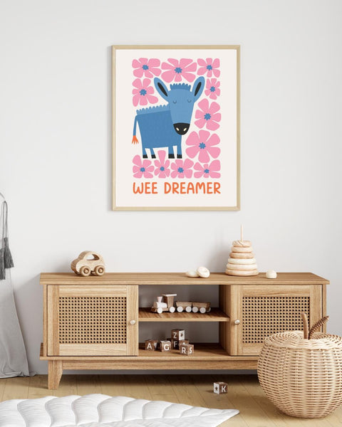 Wee Dreamer Scottish Nursery Print, Donkey Wall Art, Colourful Kids Room Decor, Scottish Baby Gift, Nursery Animal Print