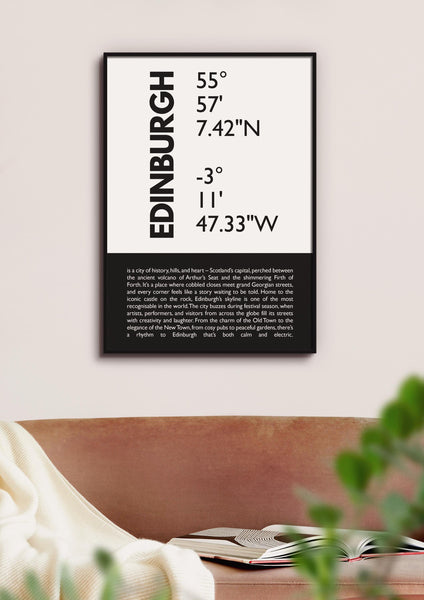 Edinburgh City Capital Latitude Longitude Definition UNFRAMED PRINT | Scots Room Home Decor | Scotland Gift Scottish Souvenir