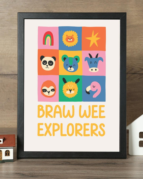 Braw Wee Explorers Nursery Print, Scottish Animal Wall Art, Colourful Kids Room Decor, Fun Scottish Baby Gift, Nursery Art Print